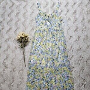 19 Cooper Blue Yellow Scrunch Bodice Peekaboo Hole Flowy Dress NWT Size M